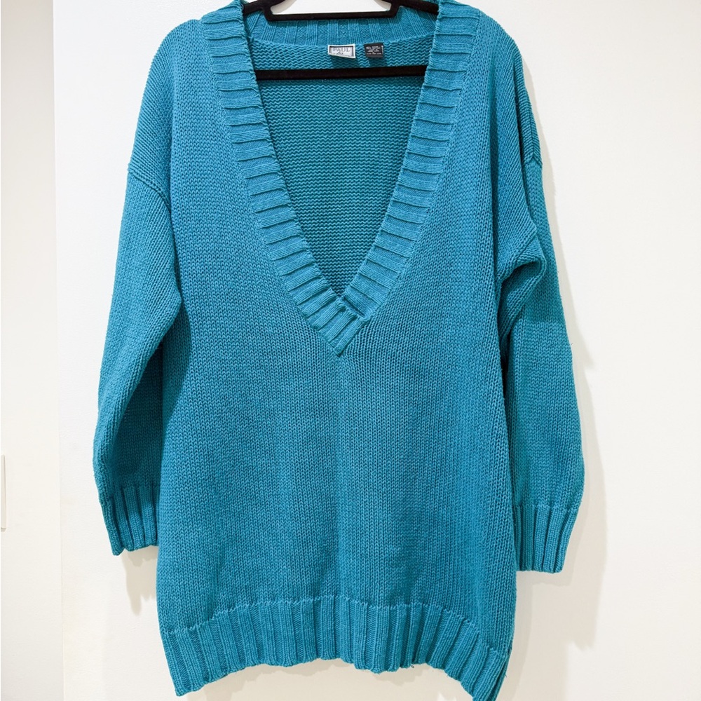 80s Paul Et Duffier Teal Deep-V Oversized Sweater